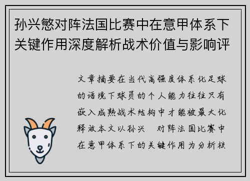 孙兴慜对阵法国比赛中在意甲体系下关键作用深度解析战术价值与影响评估